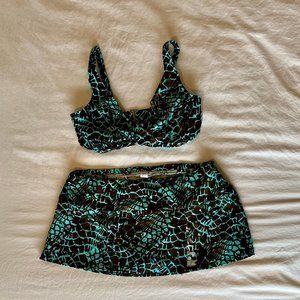 Sunsets Bikini: Swim Skirt and Underwire Bra Twist top 34DD, Turquoise/Brown